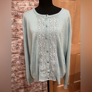 Shabby Chic Women’s Mint Green Lace Trim w/Jewel Buttons Cardigan Cottagecore